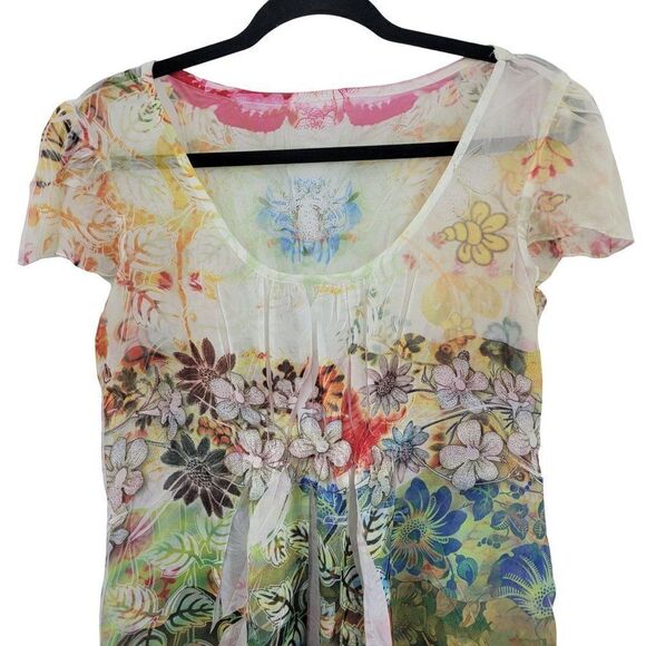 Sheer Baby Doll Top M White Multicolor Floral Puff Sleeve Ruched Fairy Core - Picture 5 of 9